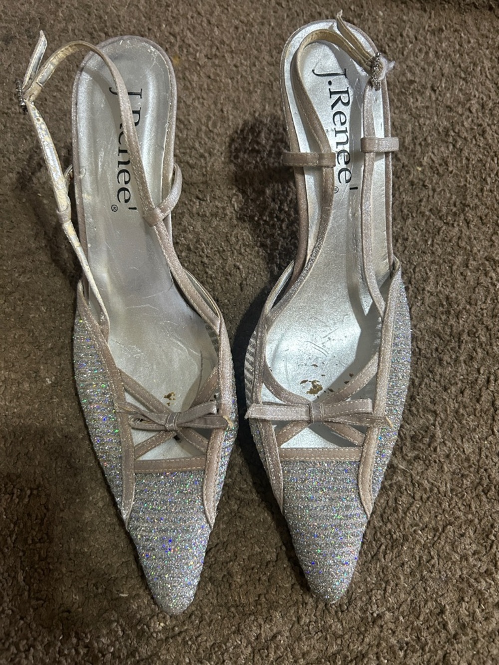 J.Renee Silver Glitter Pointed Slingback Heels